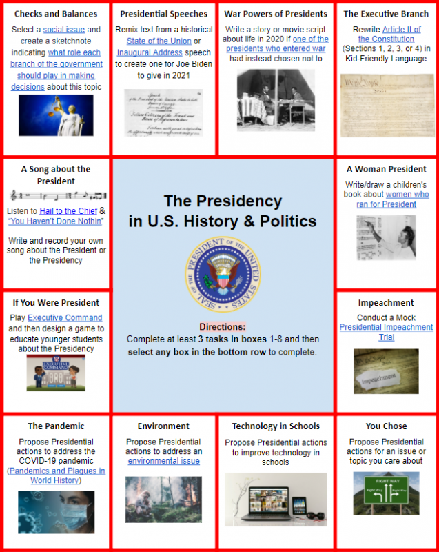Choice board for the Presidency in U.S. history and politics