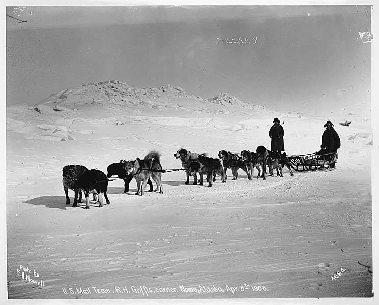 Photograph of a 1906 USPS mail team in Alaska, using a dogsled to deliver mail across an expanse of snow. 