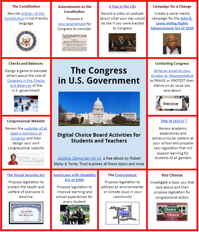 Digital choice board for the topic of The Congress in U.S. Government