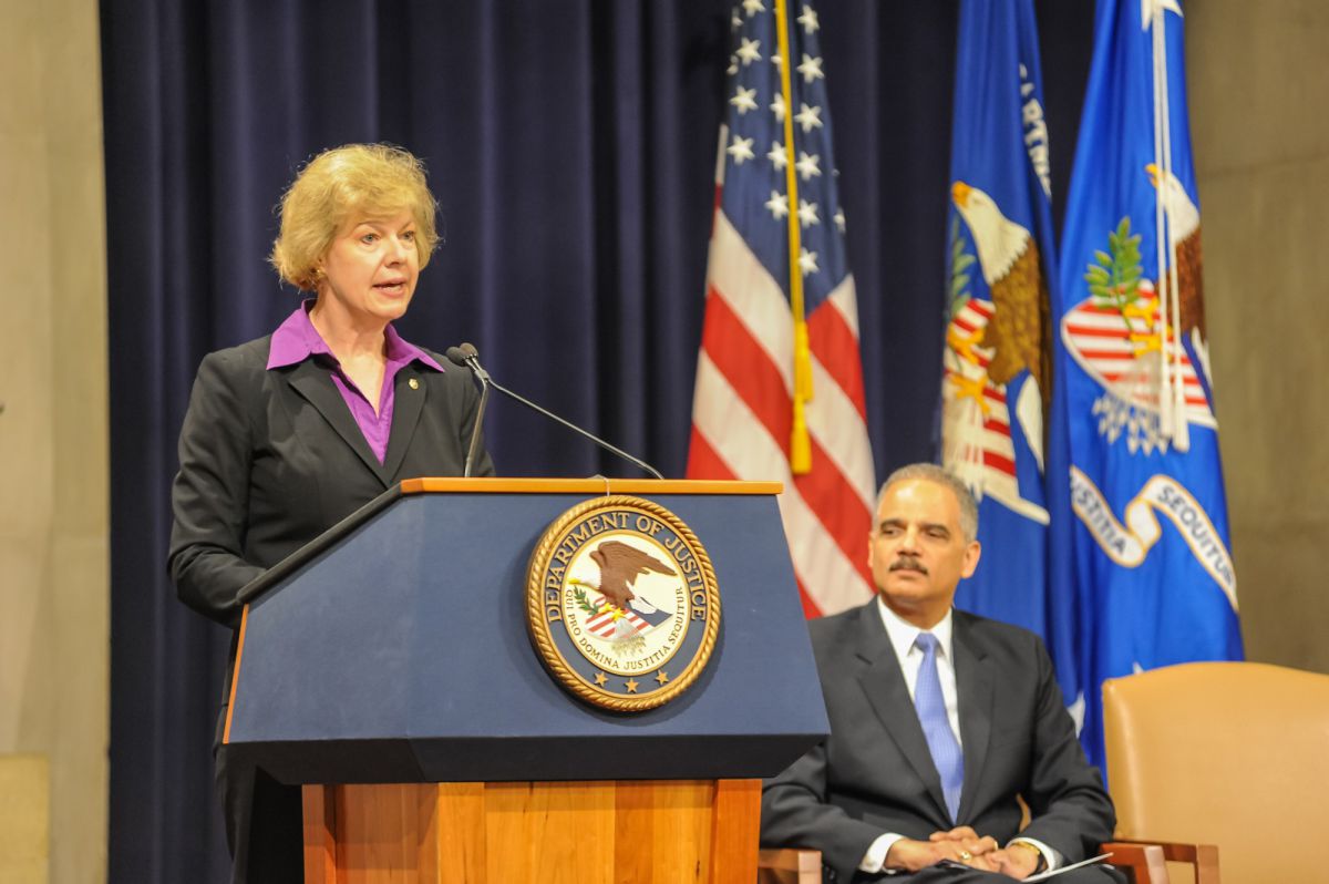 U.S. Senator Tammy Baldwin of Wisconsin makes a speech at the Department of Justice LGBT Pride Month Observance Program in 2013.