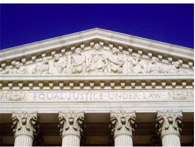Inscription above the pillars at the front of the Supreme Court building, stating "Equal justice under law."