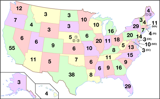 Map showing the number of electoral college votes held by each state in the 2020 election.