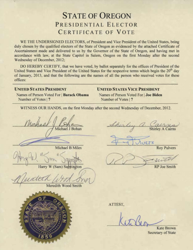 Photograph of the certificate of vote in the 2012 Presidential election, showing the signatures of the 7 Oregon electors voting for Barack Obama/Joe Biden.