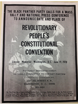 Flyer for a Black Panther Party rally in Washington D.C. on June 19, 1970. The flyer states that the rally will announce the time and place of the Revolutionary People's Constitutional Convention.