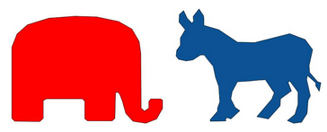 Digital rendering of the elephant Republican Party symbol, colored red, and the donkey Democratic Party symbol, colored blue.