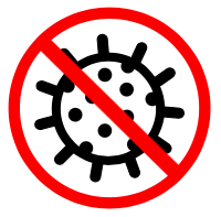 Graphic of a COVID-19 virus enclosed in a red circle with a slash through it.