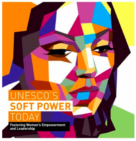 Poster with the message "UNESCO's Soft Power Today: Fostering Women's Empowerment and Leadership", with a background graphic of a woman's face composed of multicolored polygons.