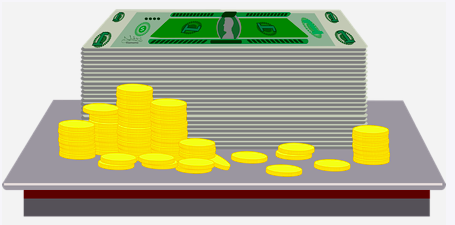 Vector graphic of a stack of green paper money and multiple stacks of gold-colored coins.