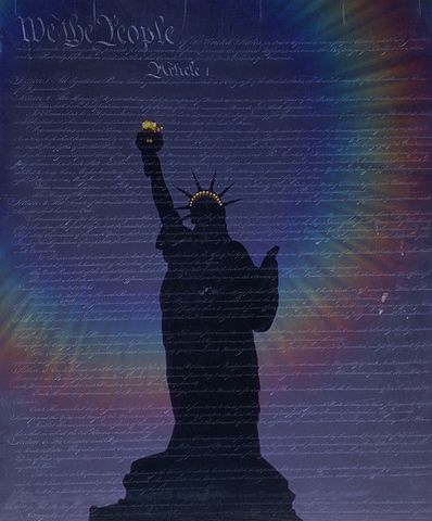 Graphic of the Statue of Liberty on a dark background, overlaid with white text of the preamble and first article of the Constitution. The statue's torch is illuminated, casting a faint rainbow-colored halo on the surrounding dark background.