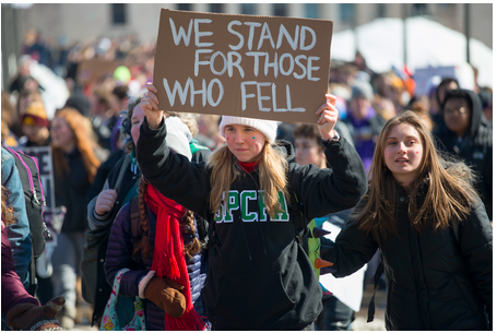 Photograph of a crowd of Minnesota high school students participating in a walkout on March 7, 2018, to demand changes in their state's gun control laws. The student in the extreme foreground is holding a sign reading "We stand for those who fell."