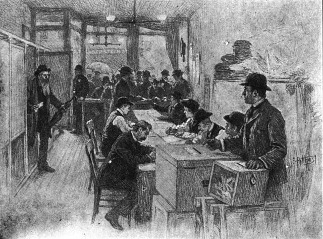 Graphite illustration of a group of men filling out ballots at a polling place, circa 1912.