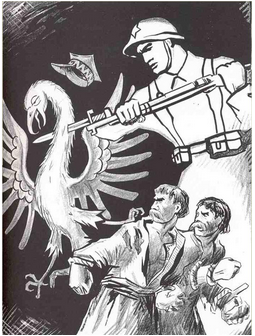Black-and-white 1939 Soviet propaganda poster, showing a giant in the uniform of the Red Army killing a Polish eagle that has been keeping peasants in chains.