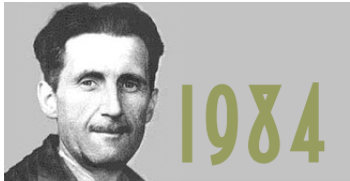 Black-and-white photograph of George Orwell superimposed on a gray background, with "1984" in dull green text beside him.