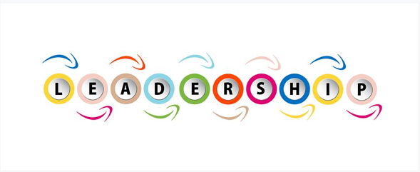 The letters of the word "LEADERSHIP", printed in black on a circular white background, are each enclosed within a colorful circle. Colorful arrows arc alternately over and under each colorful circle.