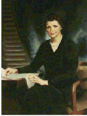 Painted portrait of Frances Perkins at her desk, by Jean MacLane