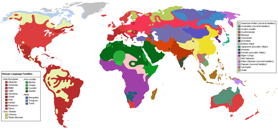 A map of the different language families around the world.