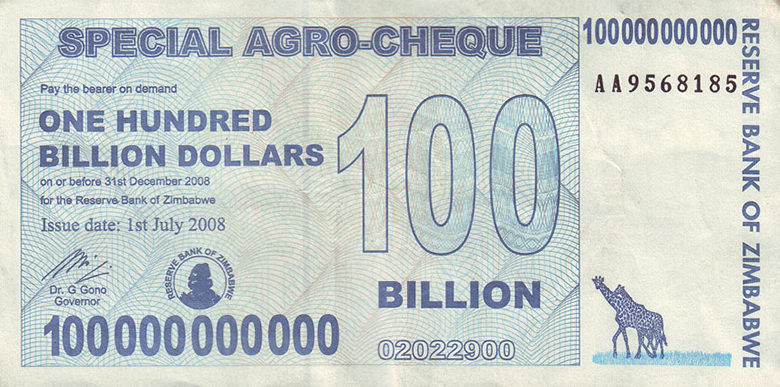 L'image montre une photographie de la monnaie zimbabwéenne.