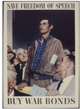 1943 poster with the words "Save Free Speech" at the top and "Buy War Bonds" at the bottom. Text frames a Norman Rockwell painting of a man in the audience of a large event, standing up and starting to speak.