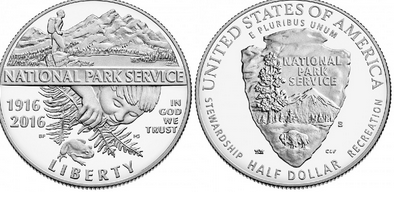 Front and reverse sides of the 2016 US National Park Service half dollar.