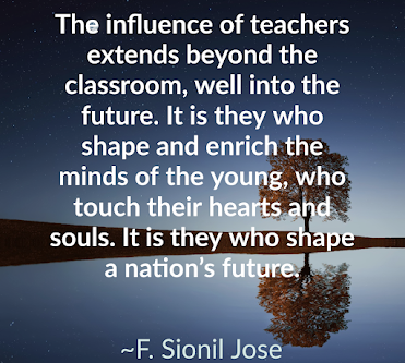 Background image of a still lake at dusk, with a single tree reflected in the water, is overlaid with white text quoting the Filipino author F. Sionil Jose: "The influence of teachers extends beyond the classroom, well into the future. It is they who shape and enrich the minds of the young, who touch their hearts and souls. It is they who shape a nation's future."