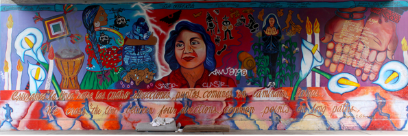 Photograph of the First Avenue Bridge mural by Yreina Cervántez, located in Los Angeles, California, which portrays the first Mexican American union leader, Dolores Huerta