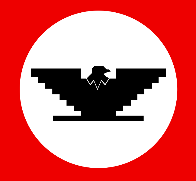 Graphic of the Black Eagle flag of the United Farm Workers, showing the black Huelga bird on a white circle on a red field.