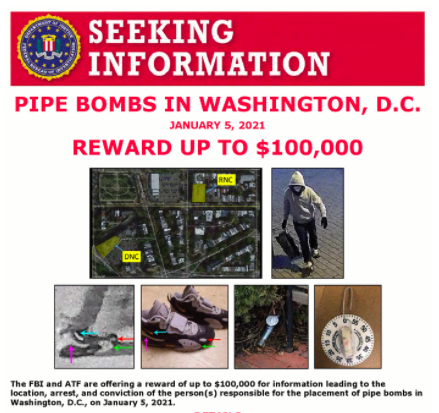 Screenshot of an online poster distributed by the FBI, seeking information on several pipe bombs found in Washington, D.C. on January 5, 2021.