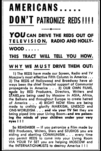 Cover of a 1950s tract urging Americans to avoid consuming movies, television, and radio programs that are created by "Reds" and promoting Marxism and anti-American ideals.