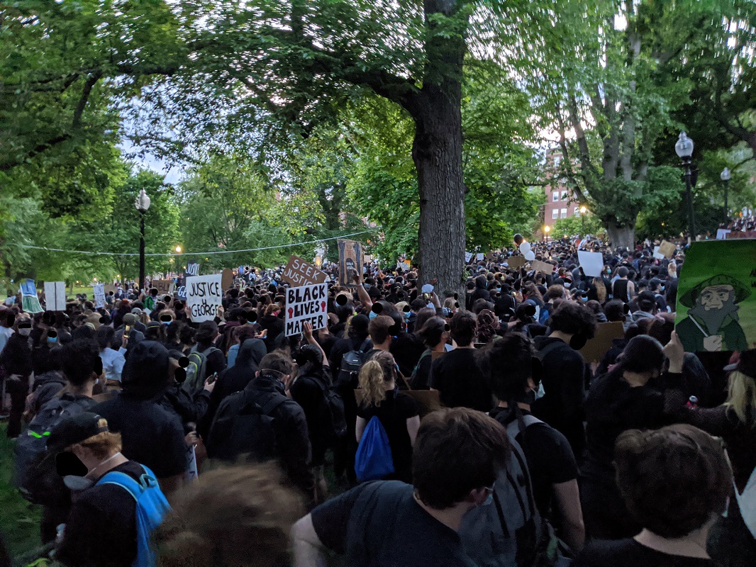 Photograph of a protest against police brutality following the death of George Floyd, held on Boston Commons on May 31, 2020.