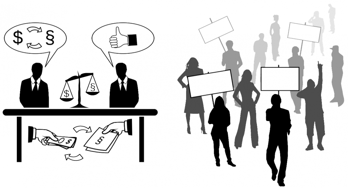 A vector graphic divided in two parts. On the left, two silhouettes of men in suits are shown exchanging money for a law to be passed, under a table. On the right, a group of silhouettes is shown marching at a protest, holding signs.