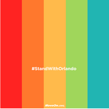 Graphic for the Stand with Orlando Campaign by MoveOn.org, consisting of five vertical stripes of slightly muted color color (red, orange, yellow, green, and blue-green from left to right) forming the background for the hashtag #StandWithOrlando.