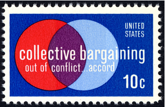 10-cent U.S. stamp from 1975, bearing the design of one red and one light blue circle, on a dark blue background, partially overlapping to create a purple intersection. White text over the circles reads "collective bargaining: out of conflict...accord."