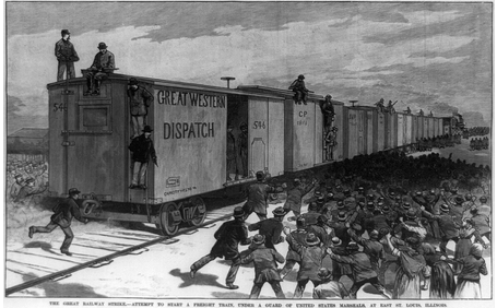 1886 wood engraving showing a freight train in East St. Louis, Illinois under guard by U.S. marshals during the Great Railway Strike of 1877. Engraving created from a sketch by G.J. Nebinger.