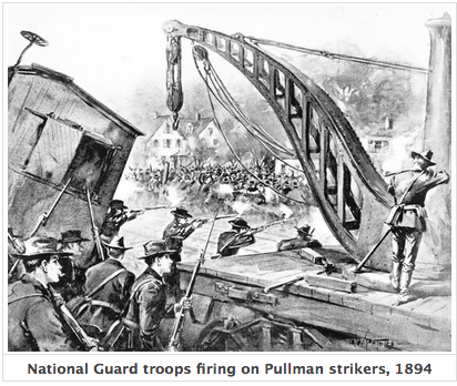 Graphite and charcoal drawing of National Guard troops firing on Pullman strikers in 1894. Drawing from Harper's Weekly magazine, by unknown author.