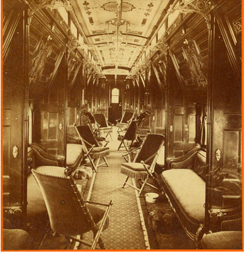 Sepia-tinted black-and-white photograph of the luxurious interior of the Pullman Palace Sleeping Car Palmyra, taken by Carleton E. Watkins.