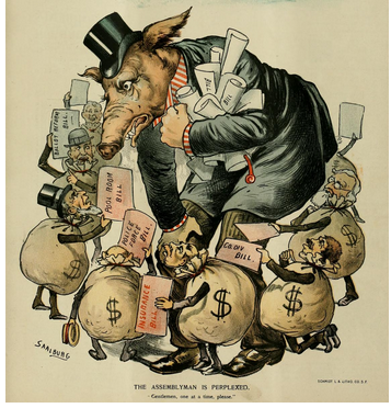 A political cartoon entitled "The Assemblyman Is Perplexed", published in the San Francisco newspaper The Wasp in 1891. Cartoon shows an elephant in formal dress and a top hat, trying to carry a large number of legislative bills and surrounded by a number of moneybags waving additional bills.