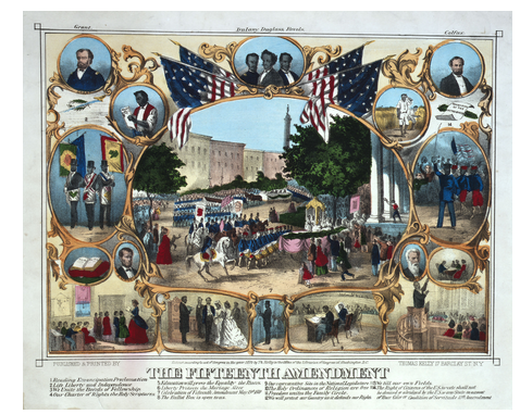 An 1870 color print celebrating the passage of the 15th Amendment, composed of many smaller images showing African Americans freed after the Civil War gaining an education, voting, being elected to public office, and working for themselves.