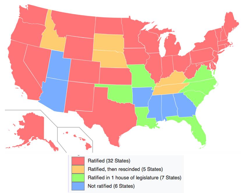 2017 graphic showing the 50 states of the U.S. colored according to their stance on the Equal Rights Amendment: 32 are red, for having ratified it; 5 are yellow, for having ratified it but then sought to rescind the ratification; 7 are green, for having ratified it in one house of legislature; and 6 are blue, having not ratified it.