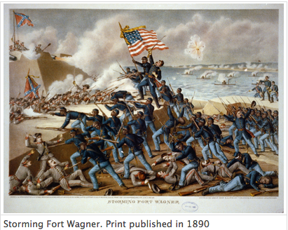 1890 color print "Storming Fort Wagner", depicting a number of African American Union soldiers from the Massachusetts Volunteer 54th regiment, led by white officers, storming the walls of Fort Wagner, South Carolina and engaging Confederate soldiers in hand-to-hand combat.