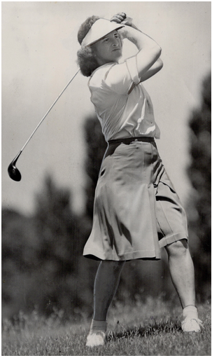1948 black-and-white photograph of the famous multi-sport female athlete Mildred Ella "Babe" Dirikson Zaharias competing in a golf tournament.