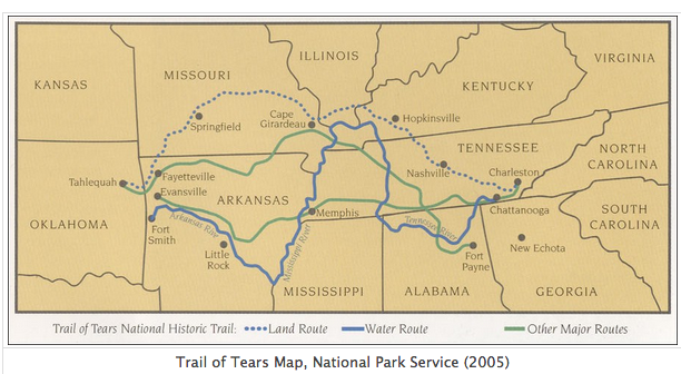 Mapa de 2005 creado por el Servicio de Parques Nacionales, que muestra las rutas terrestres y acuáticas tomadas por los Cherokees en el Camino de las Lágrimas que se desplazan de Tennessee, Alabama y Georgia a Arkansas y Oklahoma.