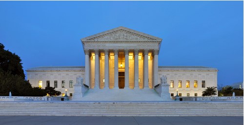 Panoramic photograph of the west facade of United States Supreme Court Building at dusk in Washington, D.C., USA. Photograph taken by Joe Ravi on 10 October 2011.