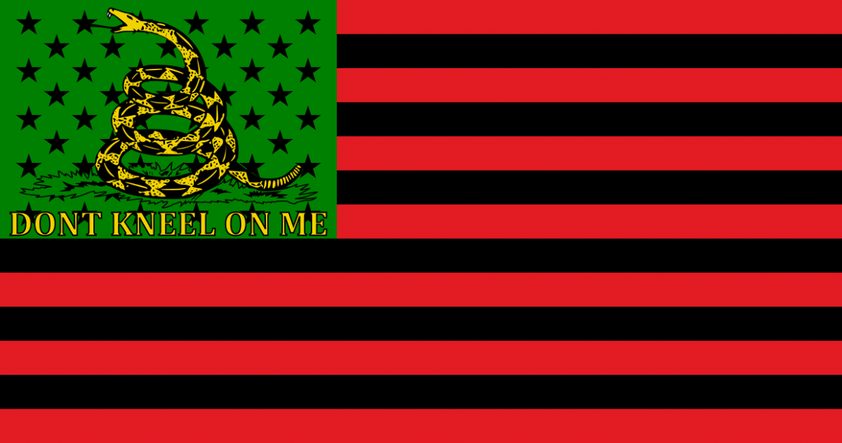 Graphic of a U.S. flag with the white horizontal stripes recolored black, the white stars on blue of the union recolored to black on green, and a black-and-yellow drawing of a coiled rattlesnake and the words "DONT KNEEL ON ME" superimposed on the green.