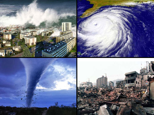 Compilation of 4 photographs showing natural disasters and their aftermaths: a city being buried under a tsunami wave, a satellite view of a hurricane moving towards the Florida coast, a tornado picking up debris, and a city block collapsed after some unspecified disaster.
