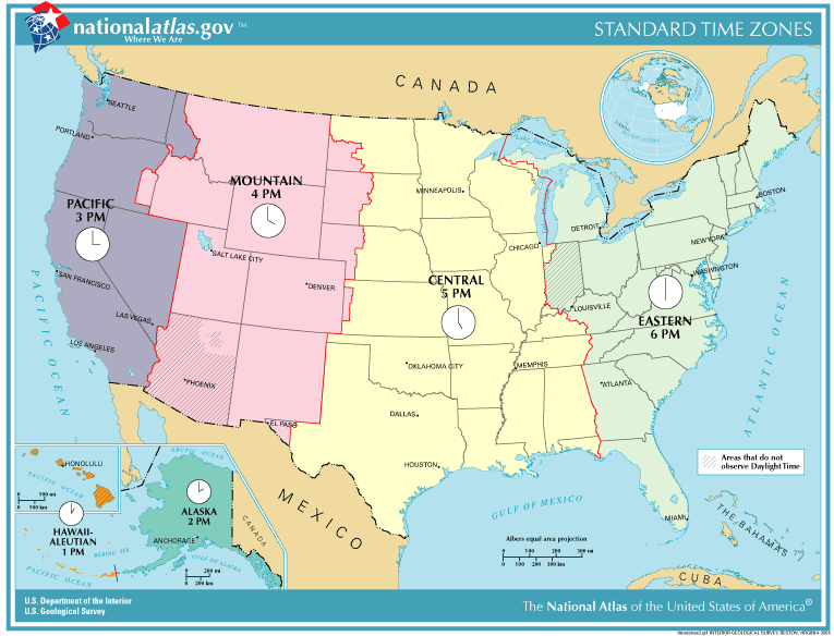 Mapa de Estados Unidos indicando las ubicaciones de las 6 zonas horarias estándar que se encuentran en el país: cuando la zona horaria del Este es a las 6 pm, la zona horaria Central es a las 5 pm, la zona horaria de Montaña es a las 4 pm, la zona horaria del Pacífico es a las 3 pm, la zona horaria de Alaska es a las 2 pm, y la zona horaria hawaiano-aleutiana es a la 1 de la tarde. Mapa creado por el Departamento del Interior de Estados Unidos en 2007.