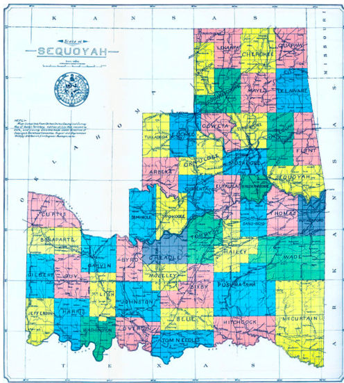 Mapa propuesto del estado de Sequoyah, creado a partir de una porción de lo que hoy es el centro y oriente de Oklahoma. Mapa elaborado por D.W. Bolich en 1905 bajo la dirección del Comité de Estadidad de Sequoyah.