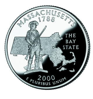 Reverse side of the 2000 Massachusetts state quarter, bearing the image of the Minute Man state, the state outline, and the caption "The Bay State."