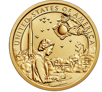 Reverse side of the 2019 Native American U.S. dollar coin, depicting Native American engineering pioneer Mary Ross writing one of the formulas she helped to discover. The formula is embossed into the coin, and the background contains an image of a blasting-off rocket and a floating astronaut in a space suit.