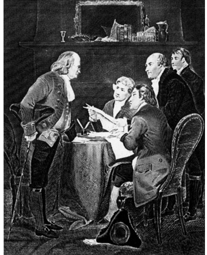 "Drafting the Declaration of Independence," a black-and-white copy of a 1875 engraving by Alonzo Chappel. Depicts a committee consisting of Benjamin Franklin, Thomas Jefferson, Robert Livingston, John Adams, and Roger Sherman working at a table to draft the Declaration.