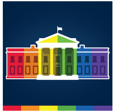 Graphic of the front facade of the White House, colored in a rainbow scheme of six vertical stripes: from left to right, red, orange, yellow, green, blue, and purple.